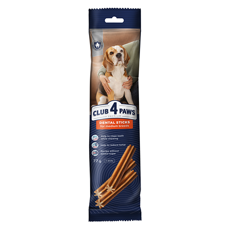 CLUB 4 PAWS PREMIUM DENTAL STICKS. COMPLEMENTARY PET FOOD FOR ADULT DOGS