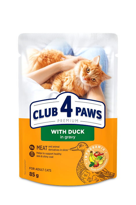 CLUB 4 PAWS PREMIUM " WITH DUCK IN GRAVY ". СOMPLETE CANNED PET FOOD FOR ADULT CATS