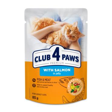 CLUB 4 PAWS Premium "With salmon in jelly". Сomplete canned pet food for adult cats