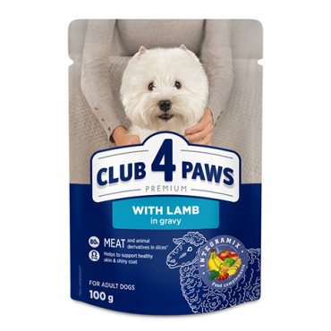 CLUB 4 PAWS PREMIUM "WITH LAMB IN GRAVY". COMPLETE CANNED PET FOOD FOR ADULT DOGS OF SMALL BREEDS
