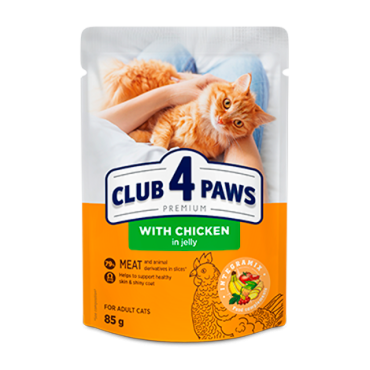 CLUB 4 PAWS PREMIUM "WITH CHICKEN IN JELLY". COMPLETE CANNED PETFOOD FOR ADULT CATS